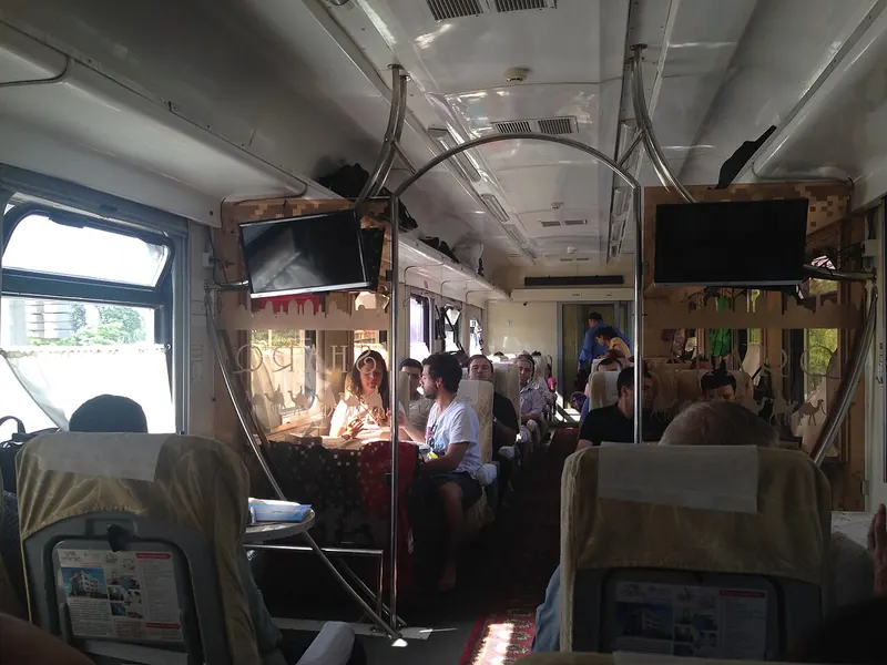 Seated interior of a Sharq train in Uzbekistan